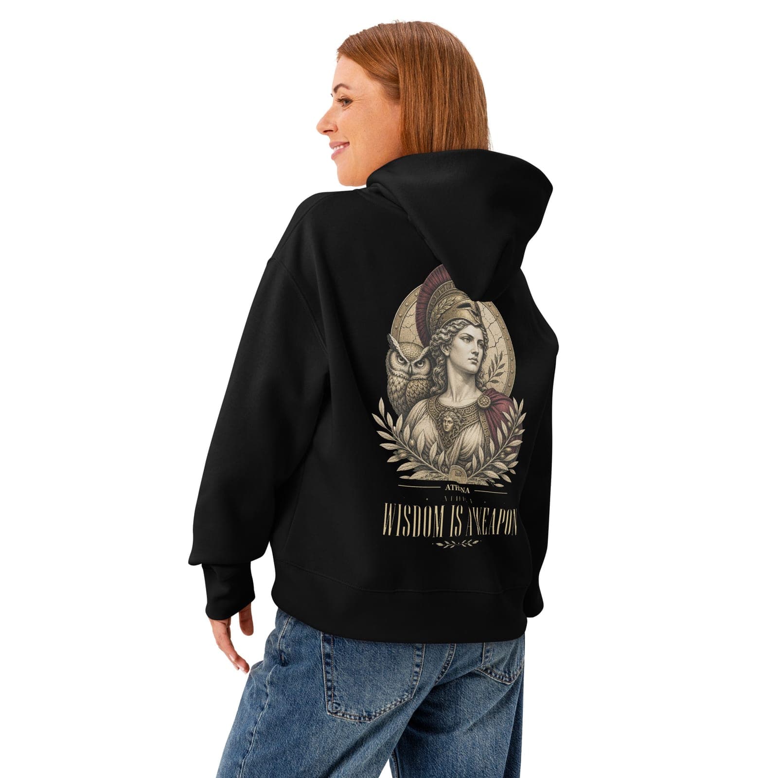 Athena's Wisdom Hoodie, Black, Back, worn