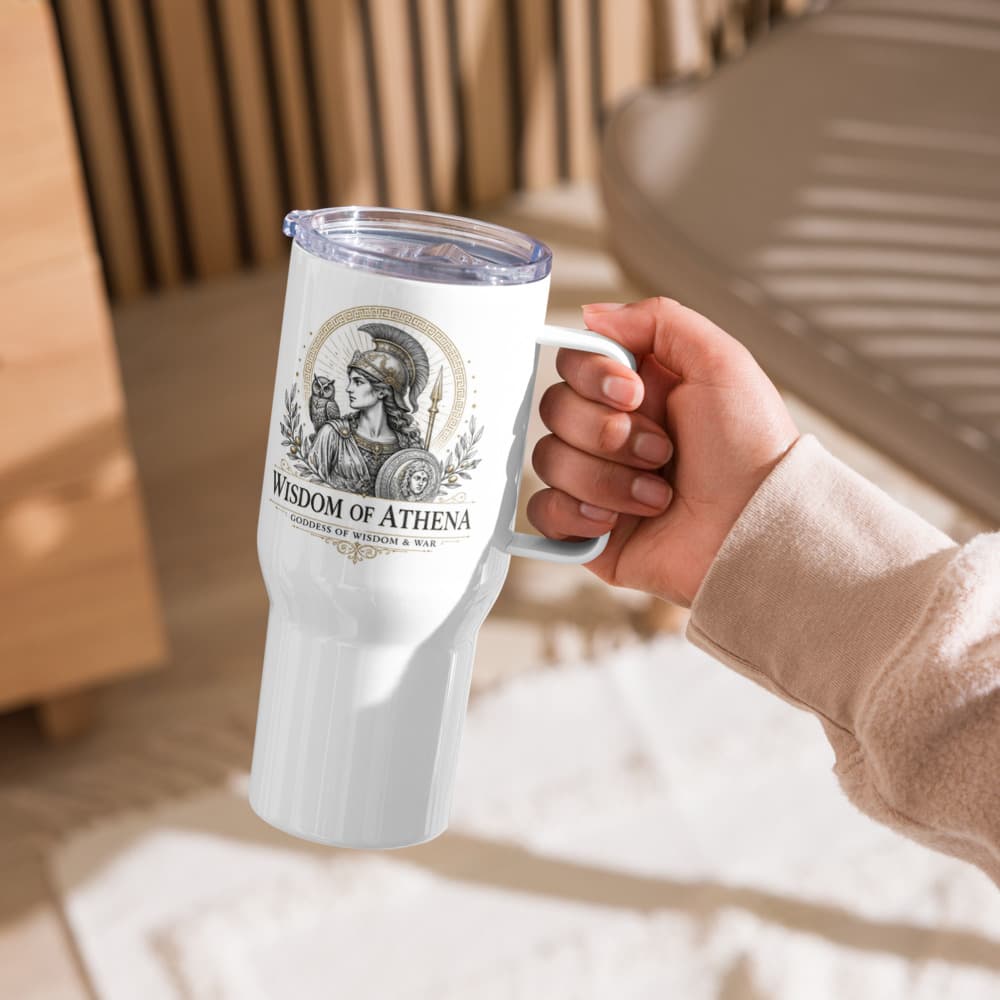 Athena's Wisdom Travel Mug, White, Angle