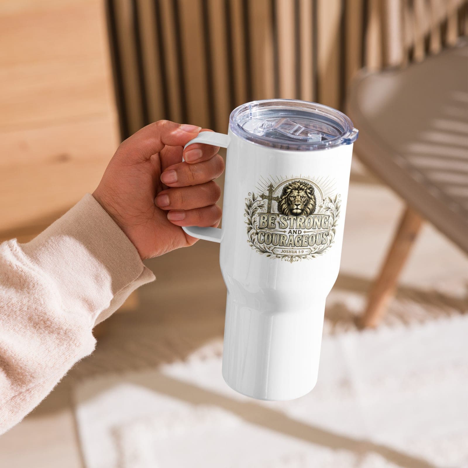 Be Strong And Courageous Travel Mug, White, Angle