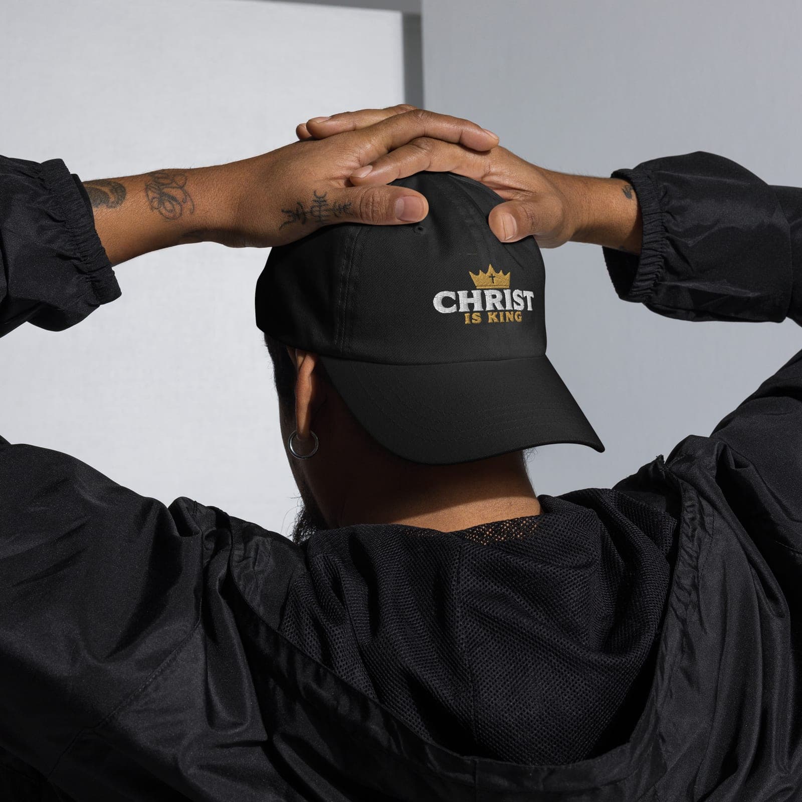 Christ Is King Hat, Black, Front, worn