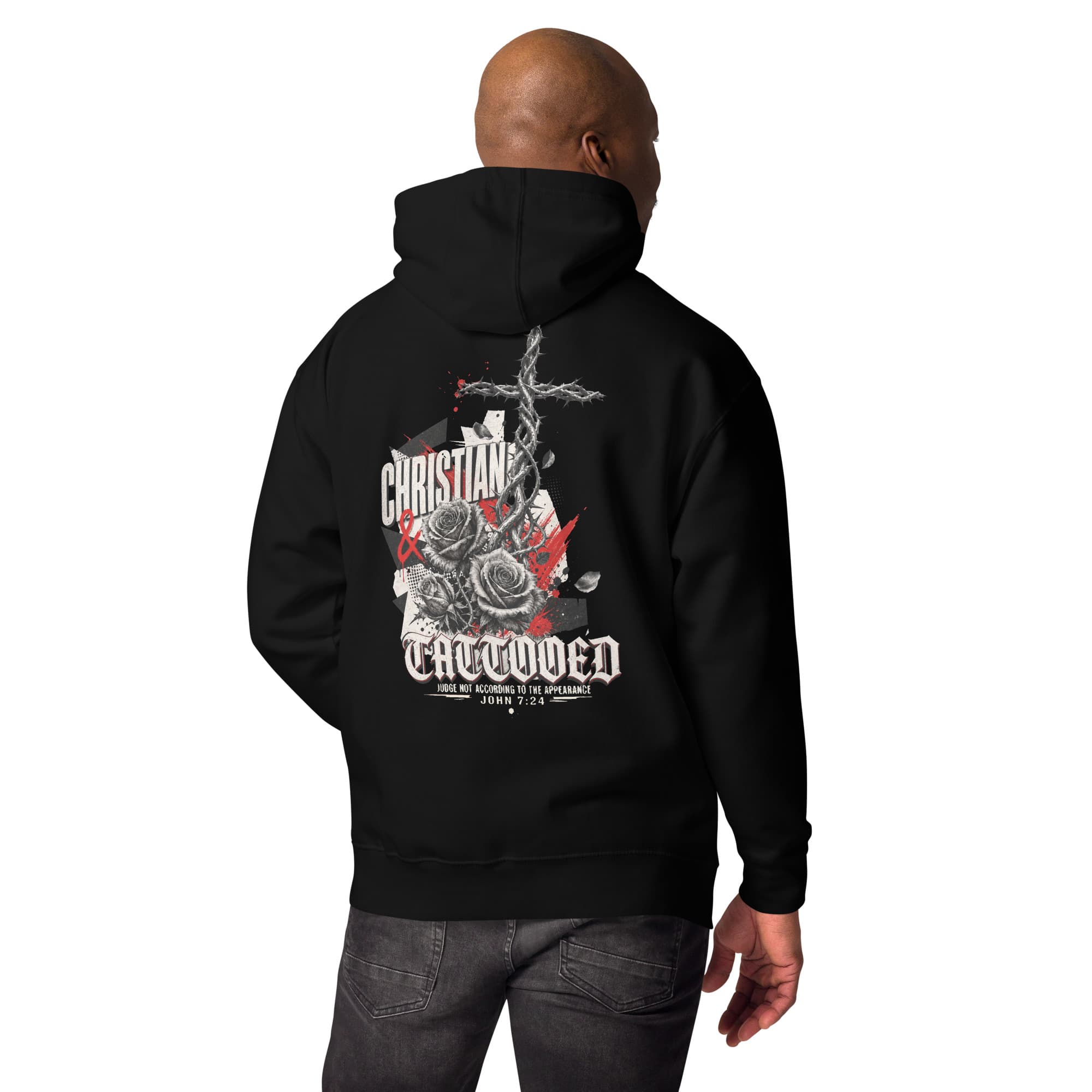 Christian & Tattooed Hoodie, Black, Back, worn