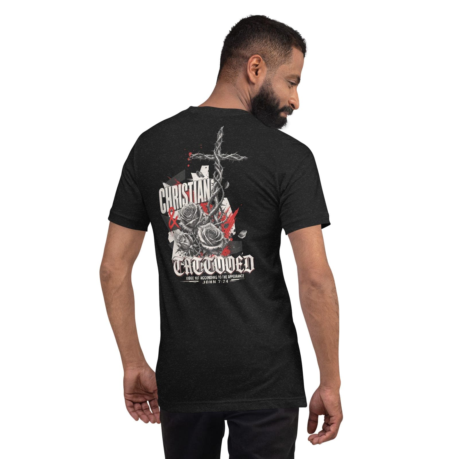 Christian & Tattooed T-Shirt, Black Heather, Back, worn