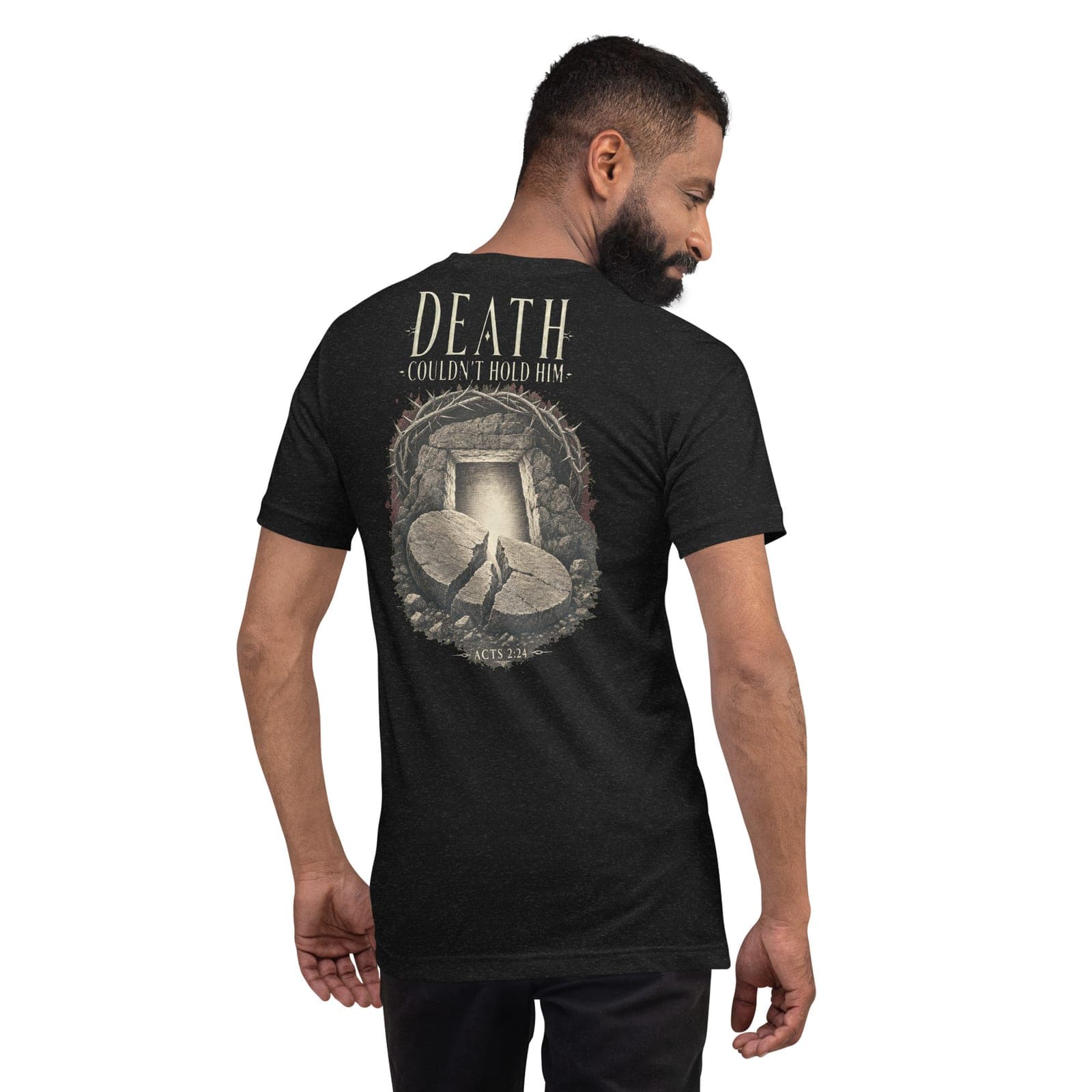 Death Couldn't Hold Him T-Shirt, Black Heather, Back, worn