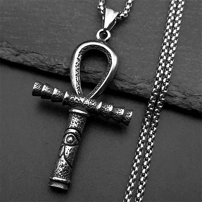 Eye of Ra Ankh Necklace, Silver, Angle