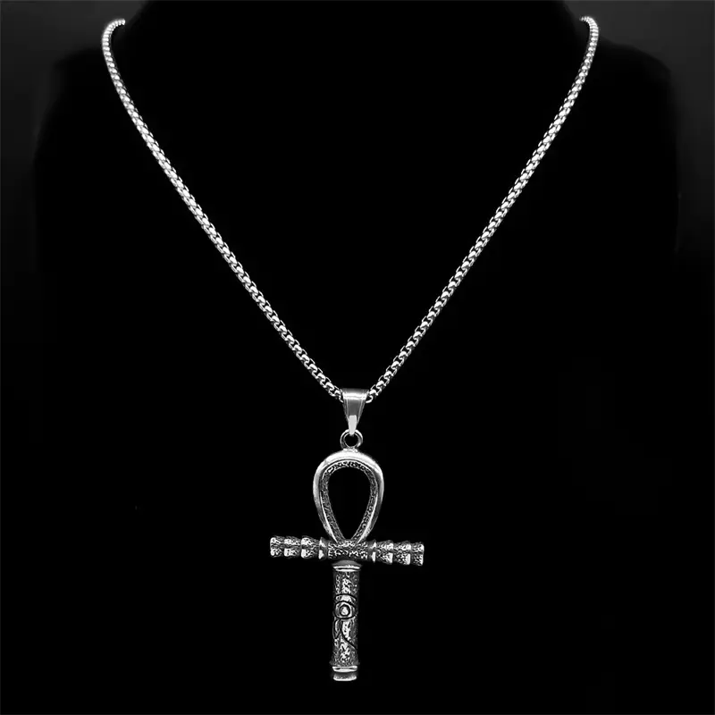 Eye of Ra Ankh Necklace, Silver, Front, worn