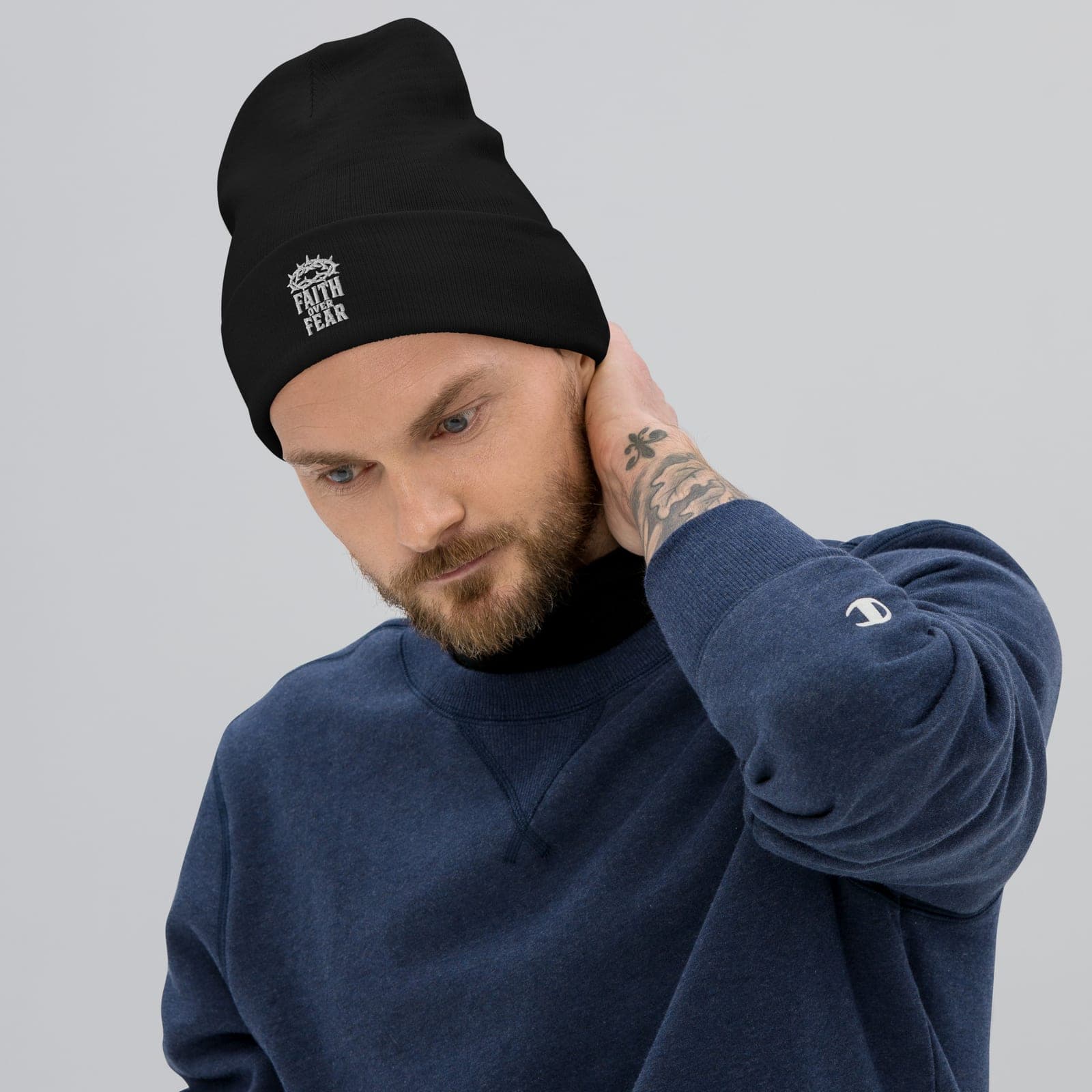 Faith Over Fear Beanie, Black, Front, worn