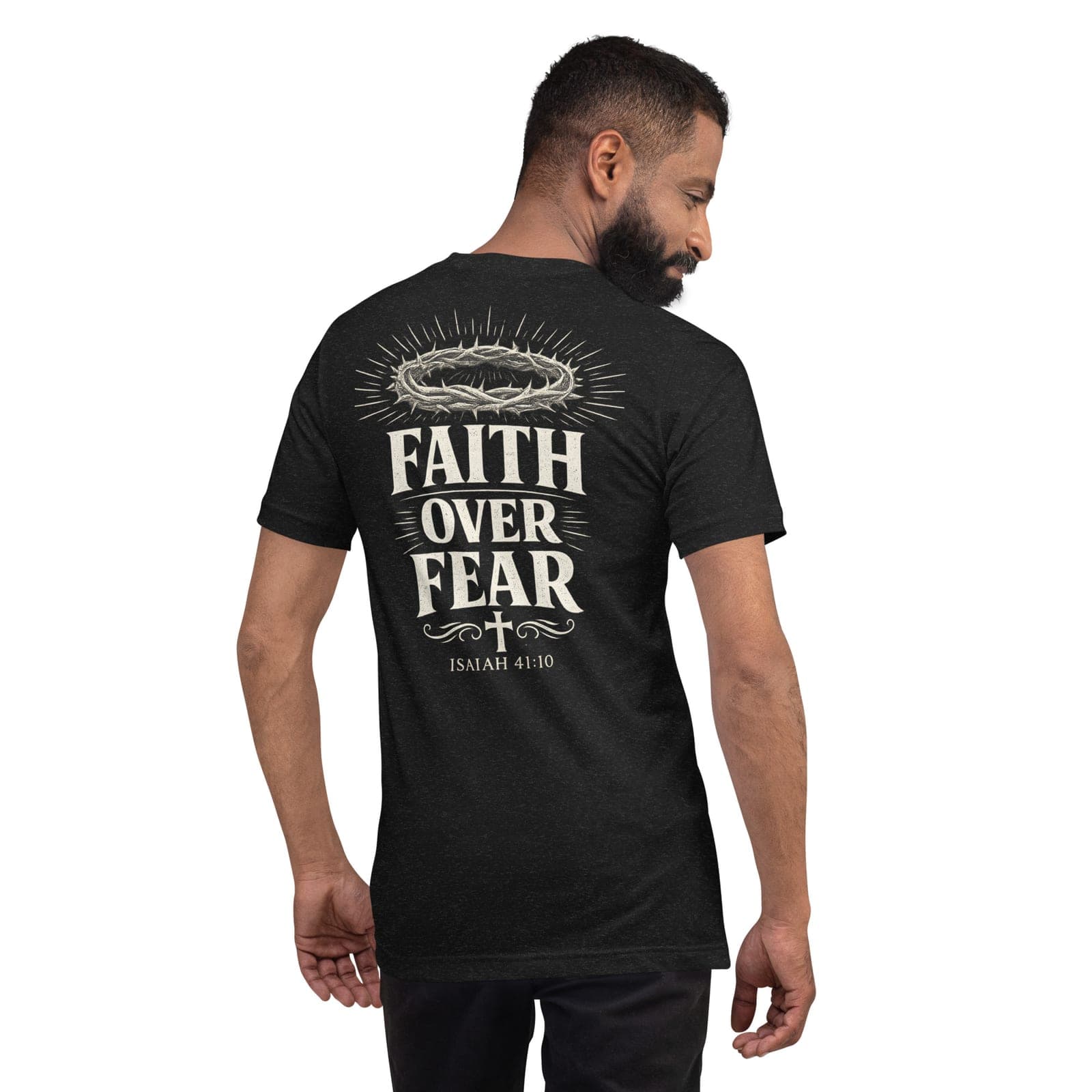Faith Over Fear T-Shirt, Black Heather, Back, worn