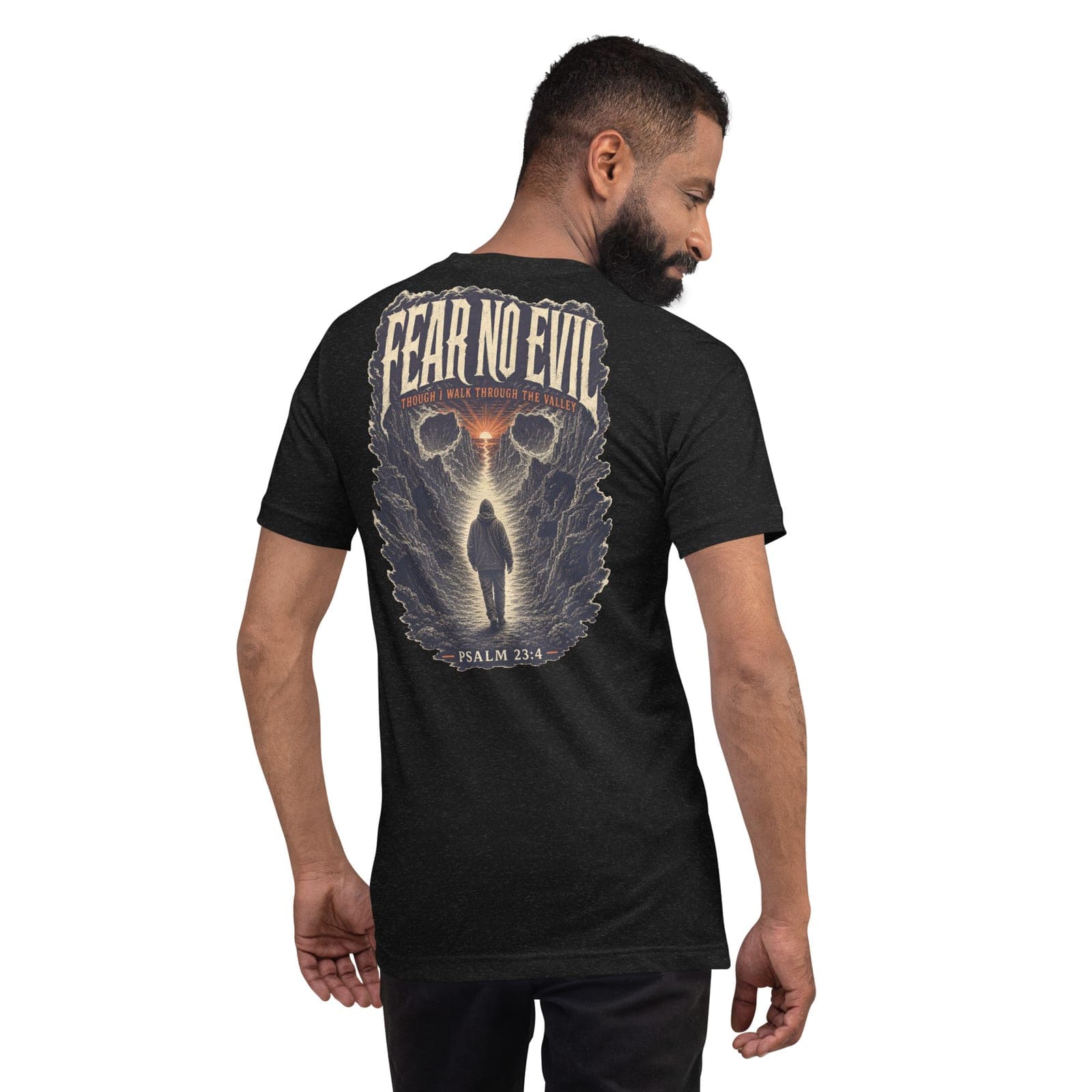 Fear No Evil T-Shirt, Black Heather, Back, worn