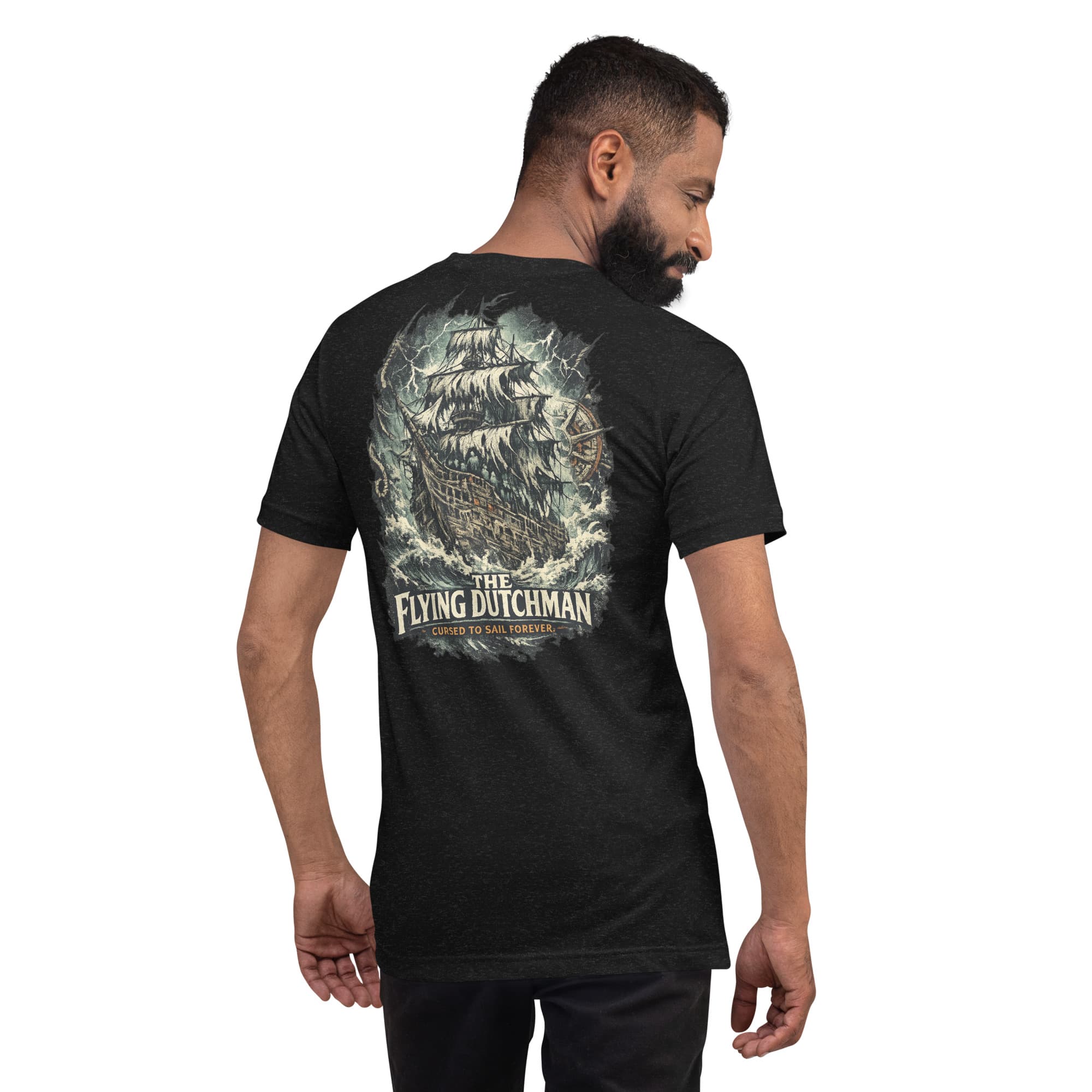 Flying Dutchman T-Shirt, Black Heather, Back, worn