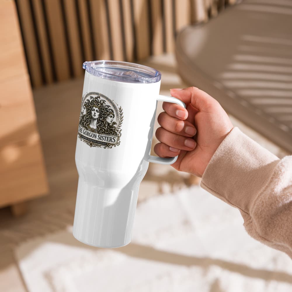 Gorgon Sisters Travel Mug, White, Angle