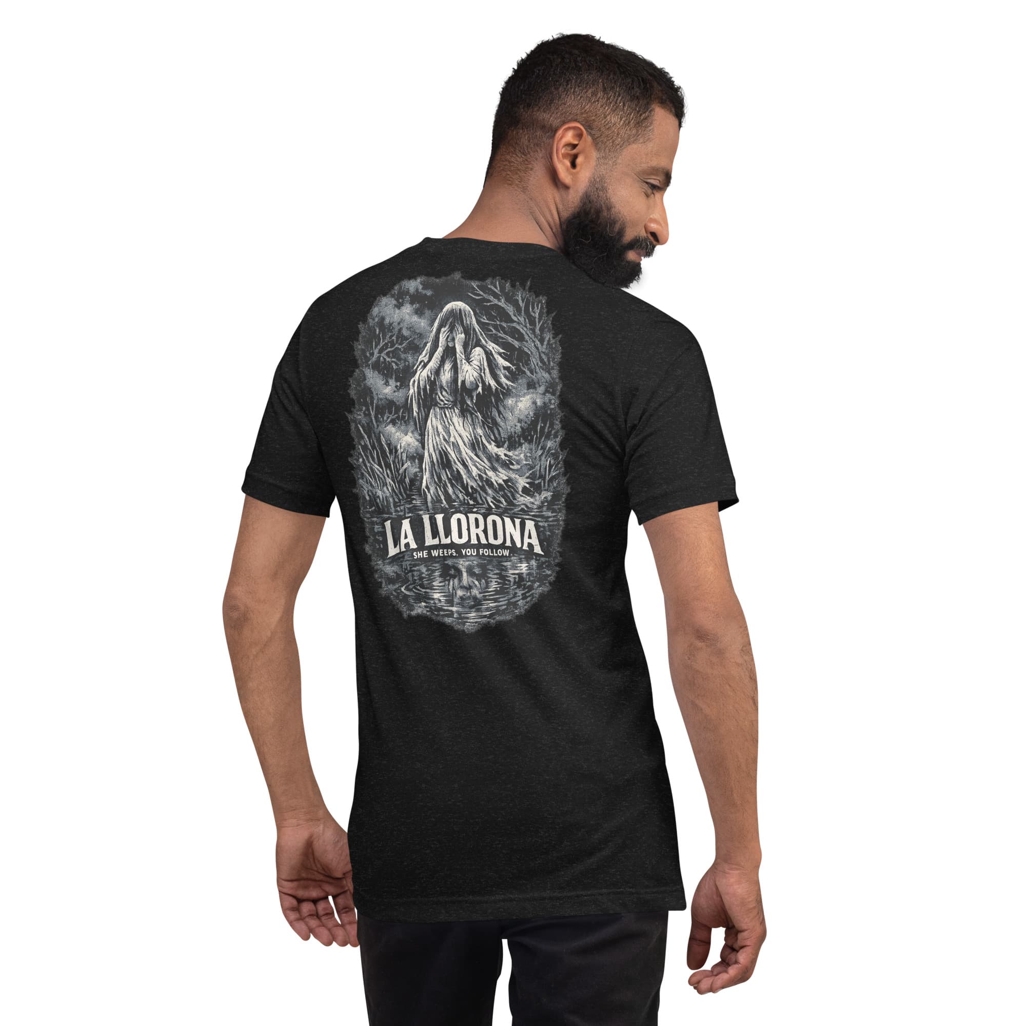 La Llorona T-Shirt, Black Heather, Back, worn