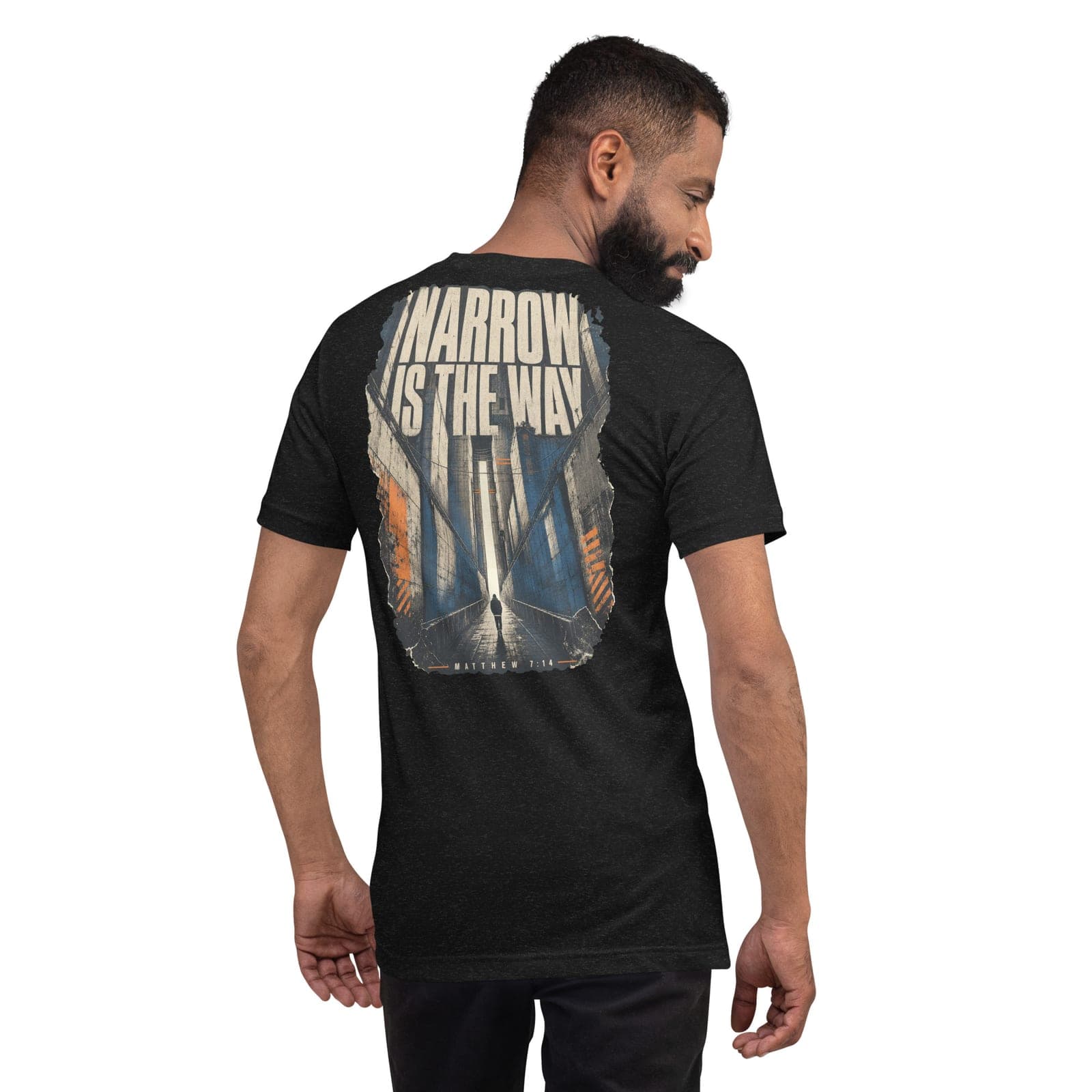 Narrow Is The Way T-Shirt, Black Heather, Back, worn