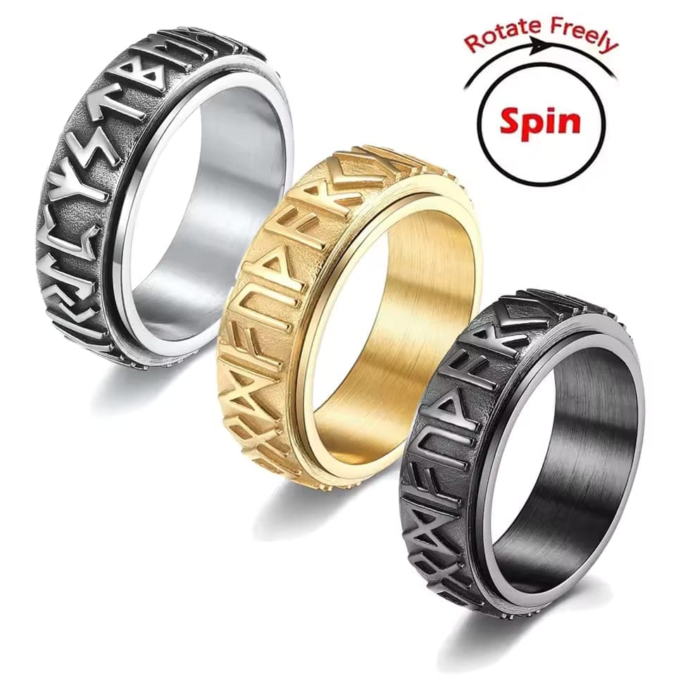 Norse Rune Spinner Ring, Silver, All colours