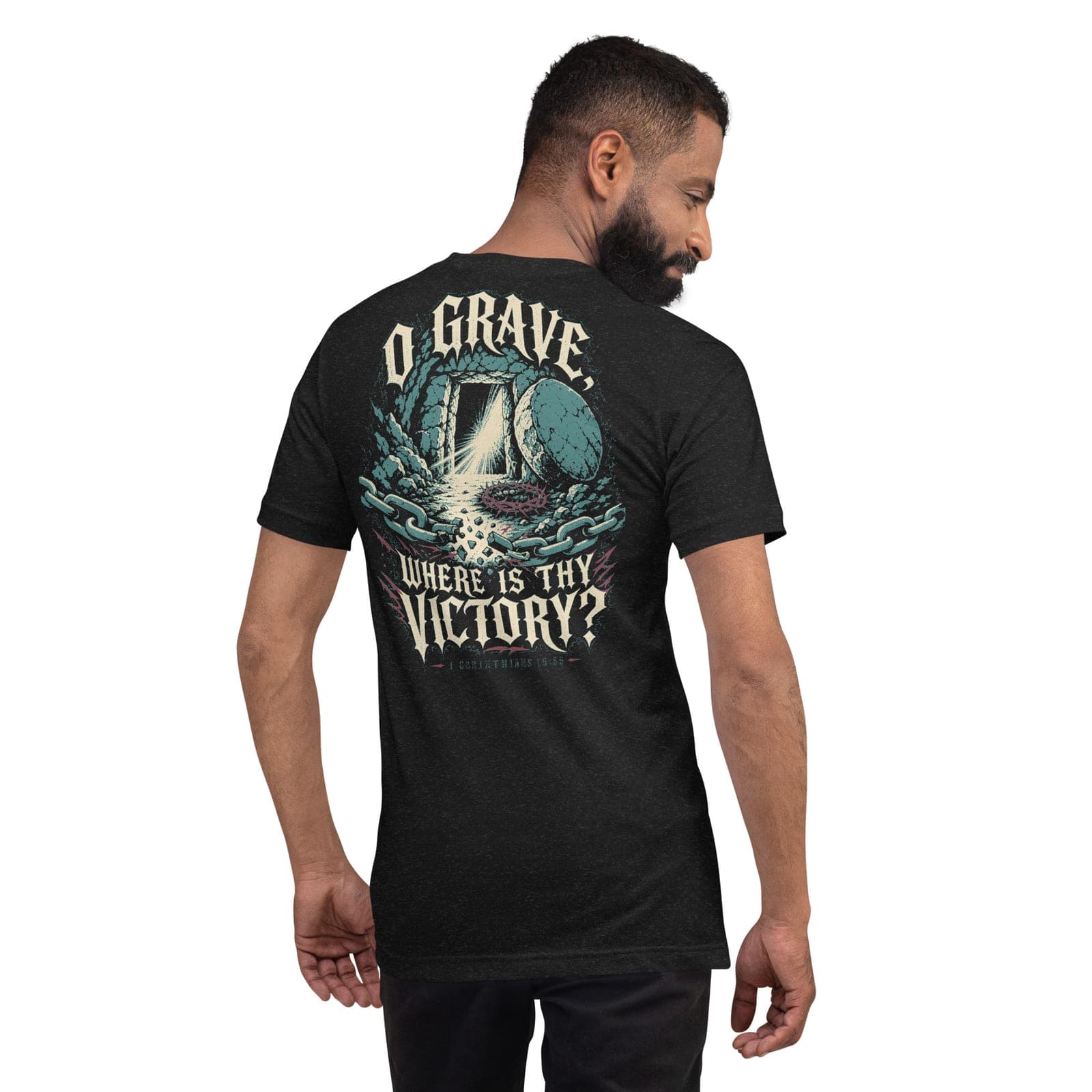 O Grave T-Shirt, Black Heather, Back, worn