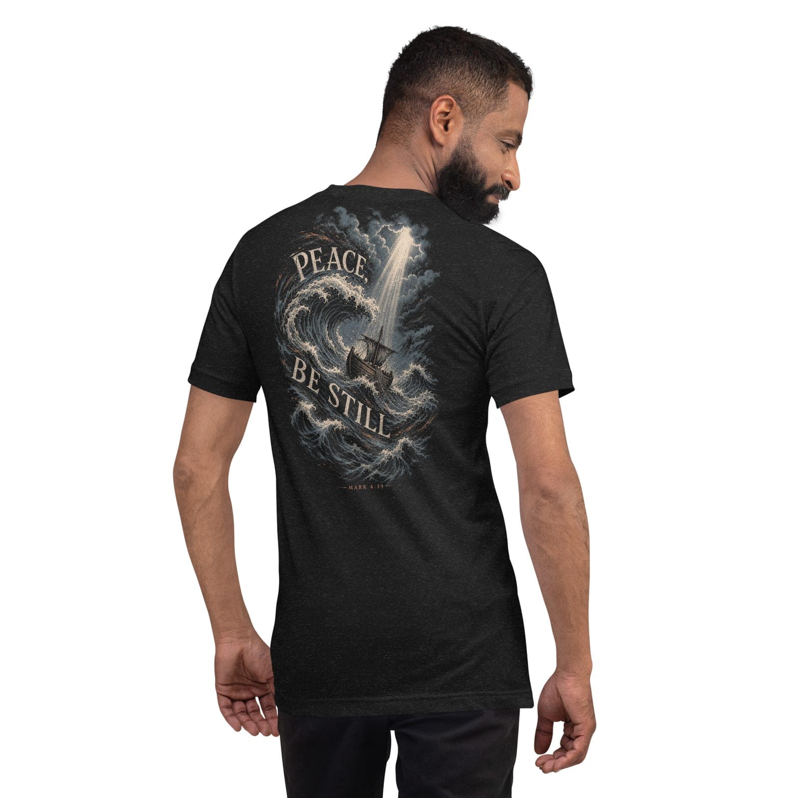 Peace Be Still T-Shirt, Black Heather, Back, worn