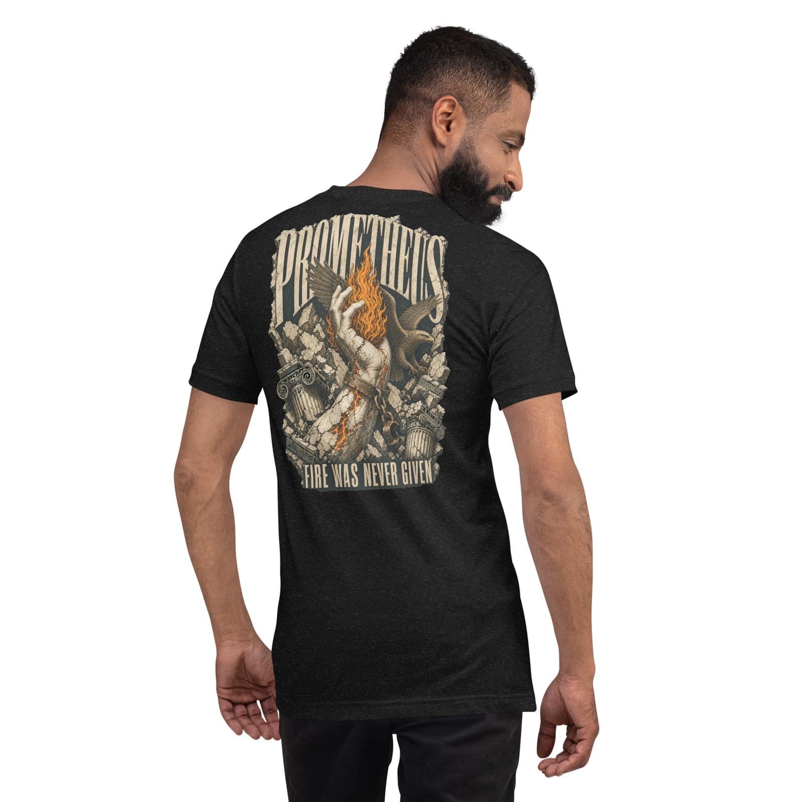 Prometheus T-Shirt, Black Heather, Back, worn