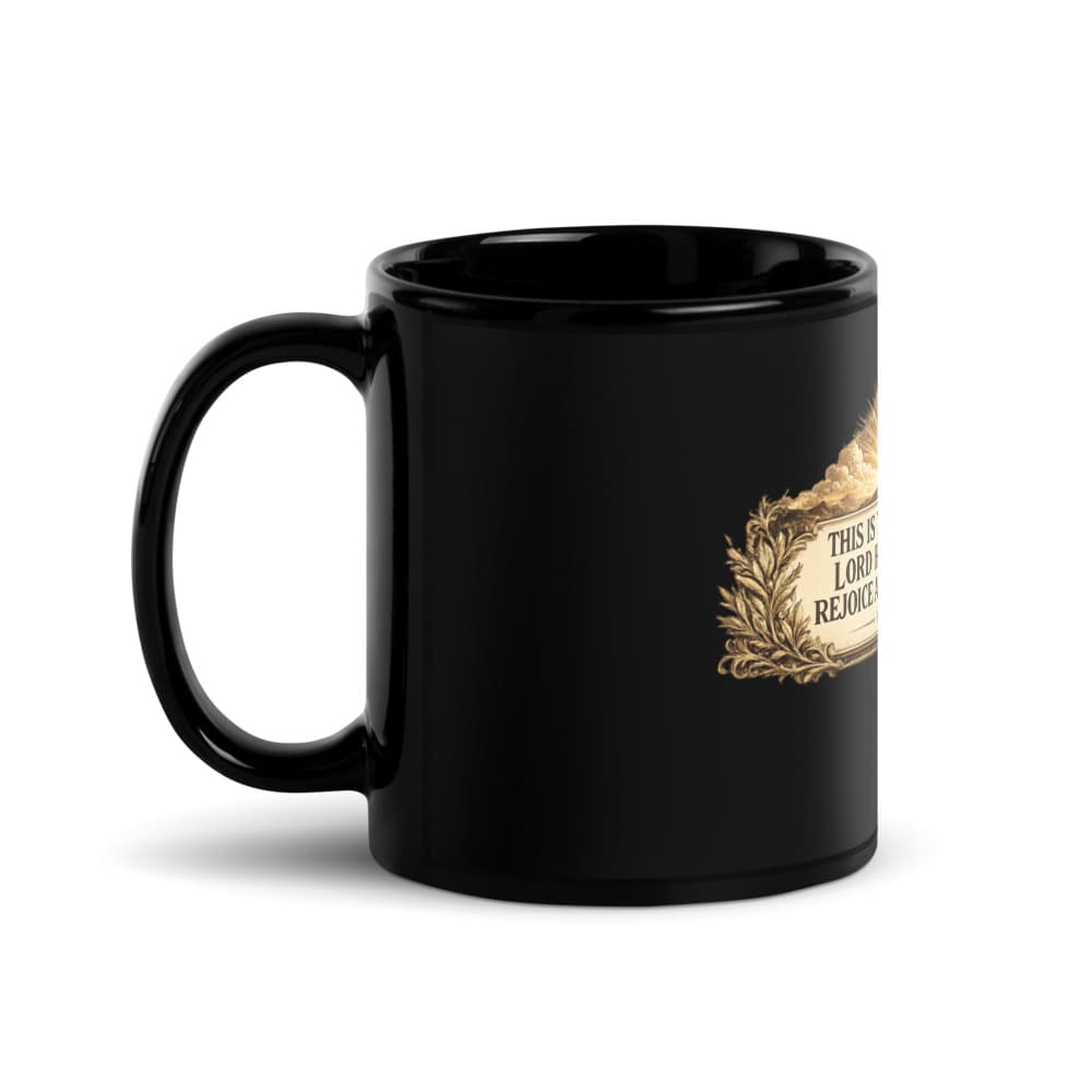 Rejoice And Be Glad Mug, Black, Angle