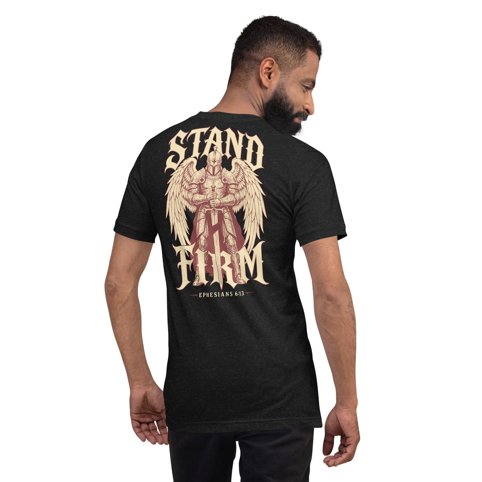 Stand Firm T-Shirt, Black Heather, Back, worn