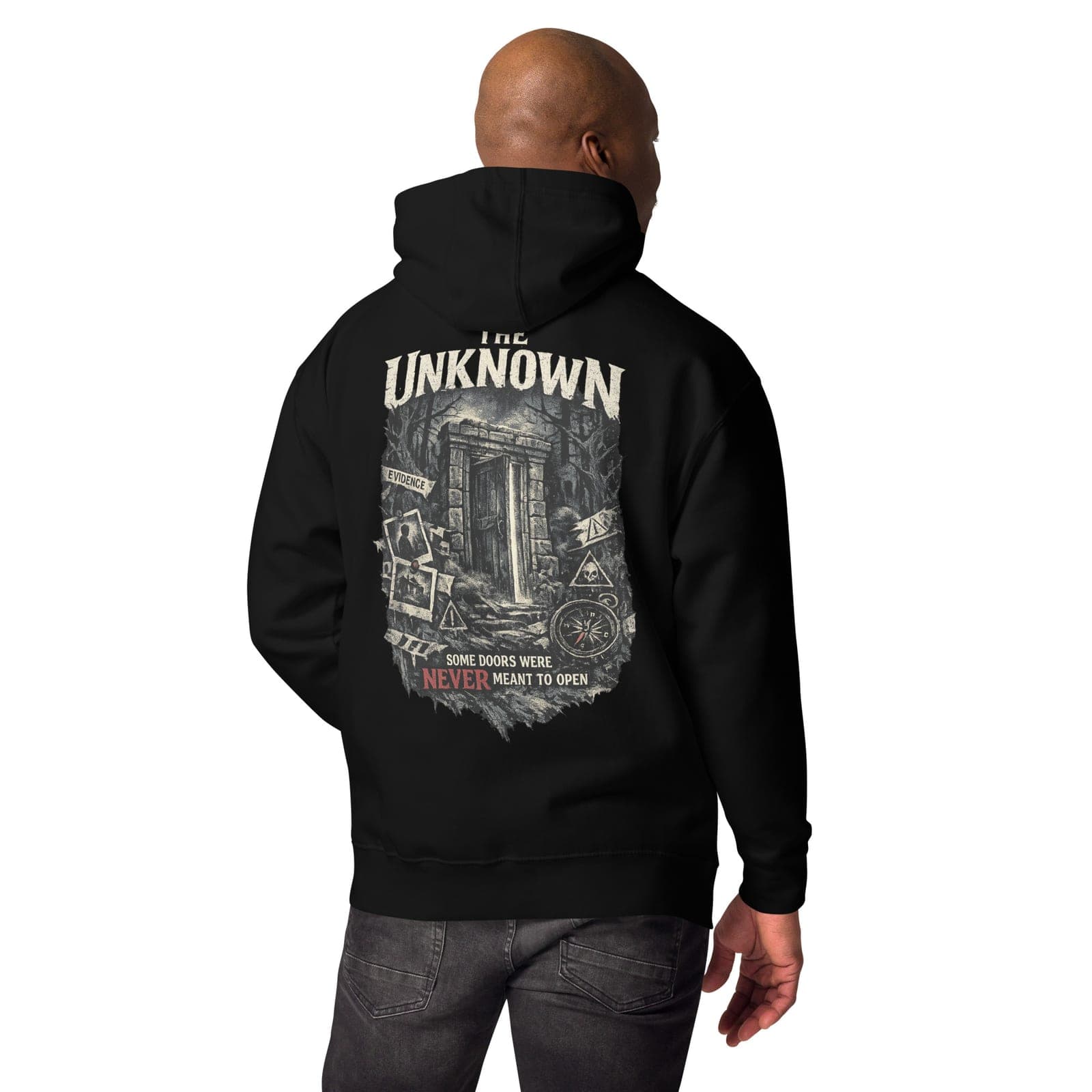 The Unknown Hoodie, Black, Back, worn