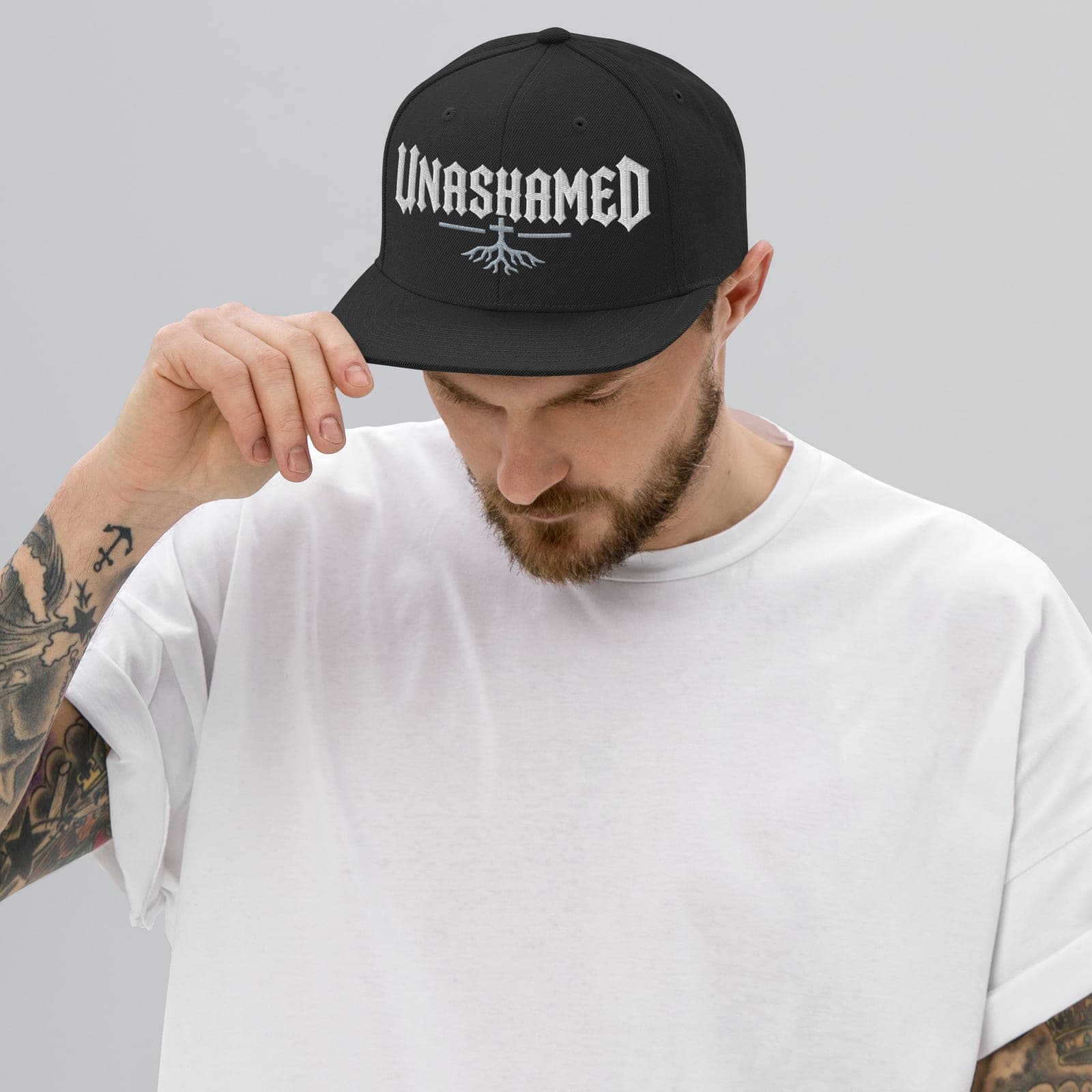 Unashamed Snapback, Black, Front, worn