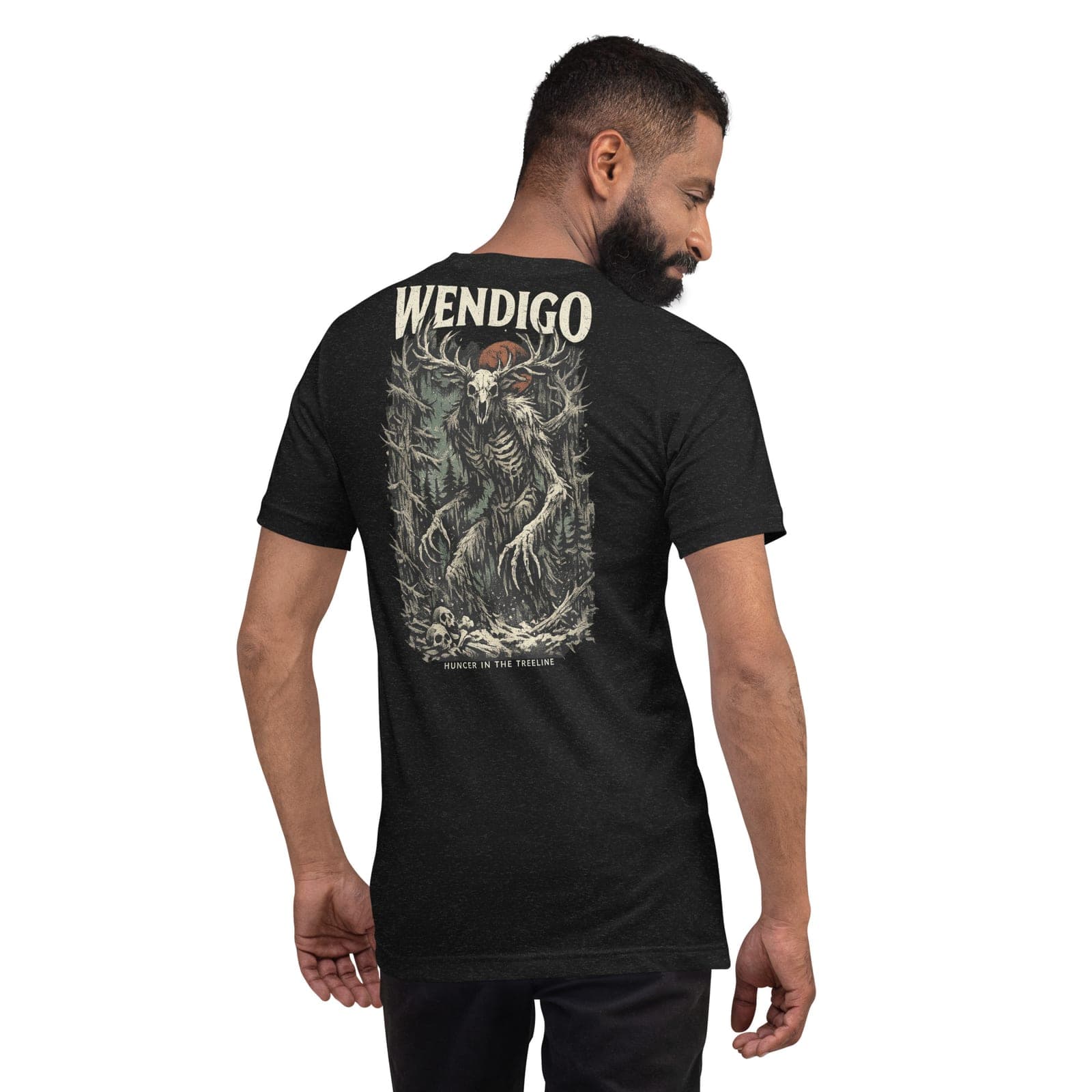 Wendigo T-Shirt, Black Heather, Back, worn