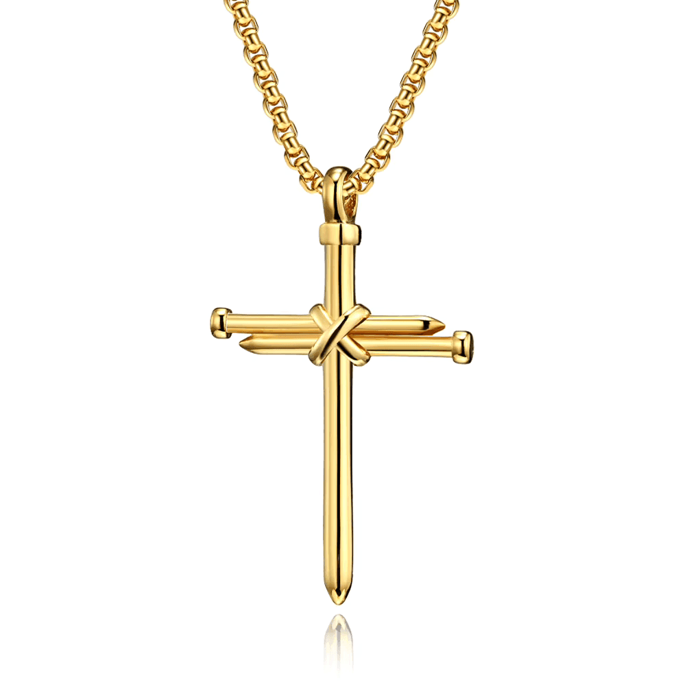 Nail Cross Necklace, Gold, Front